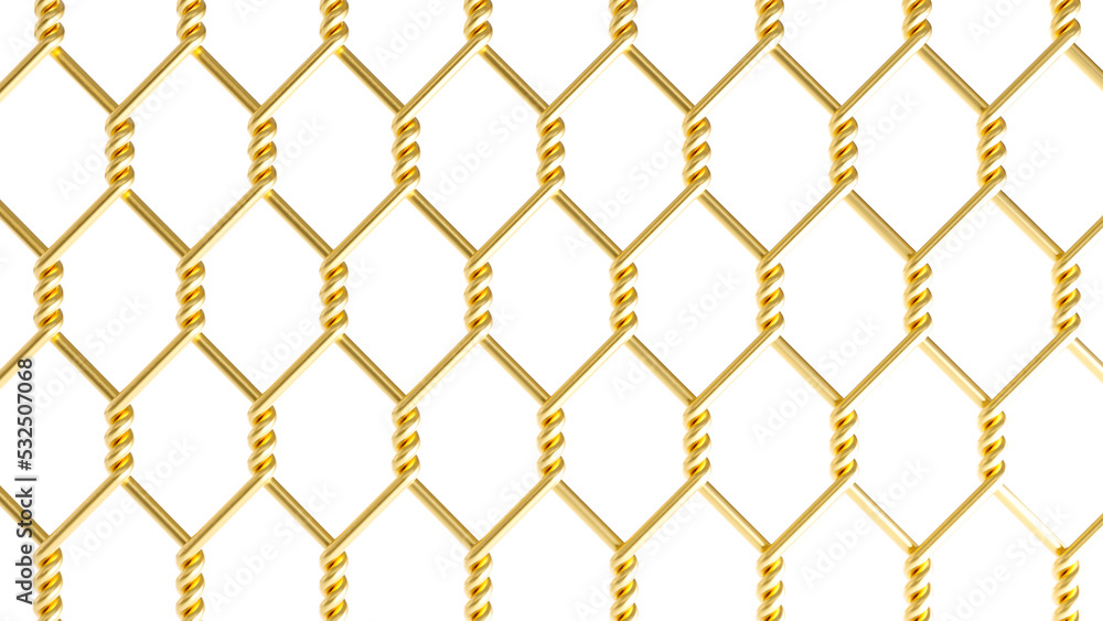 3d render of Golden metal fence mesh isolated on white background, gold metal wire fence template. 3d render of Golden metal fence mesh isolated on white background, gold metal wire fence template.