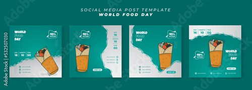 Set of social media post template in green and white background with kebab food for world food day