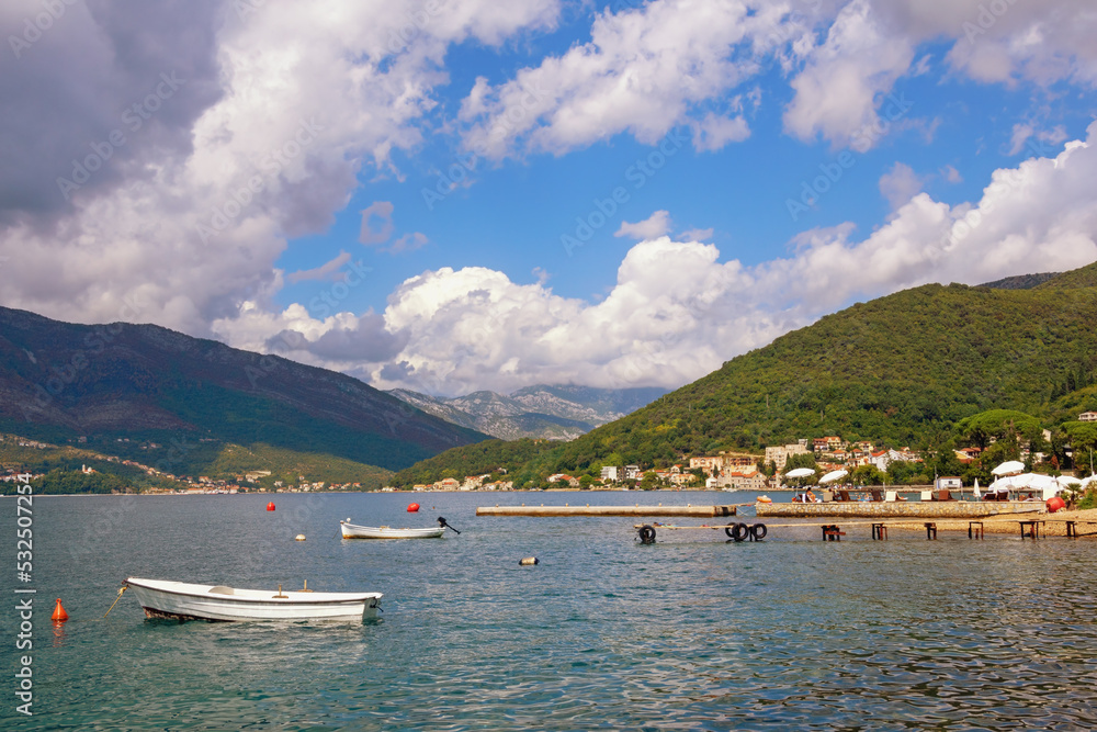 Beautiful Mediterranean landscape on sunny autumn day. Montenegro, Adriatic Sea. View of Kotor Bay near Tivat city