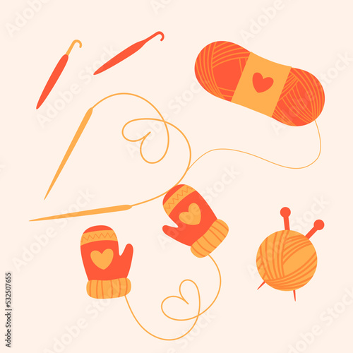 Knitting mittens with knitting needles and crochet. Skein of threads. Winter clothes. Vector illustration