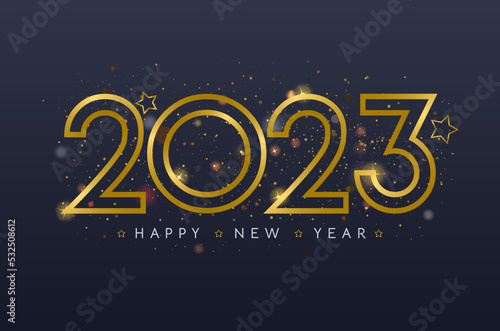 Happy New 2023 Year. New year celebrations card. Holiday vector illustration of golden metallic numbers 2023 and sparkling glitters pattern. Holiday greetings. Vector stock illustration.