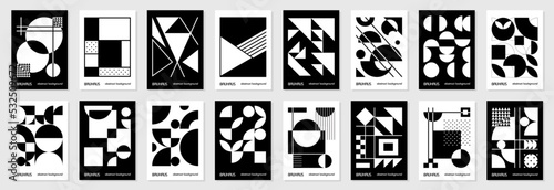 Set of 16 minimal vintage 20s geometric design posters, wall art, template, layout with primitive shapes. Bauhaus retro pattern background, vector abstract circle, triangle and square line art
