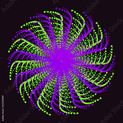 Abstract modern fractal neon light green purple pink swirl on black background. Luxury backdrop. Geometric wallpaper. Digital art glitch poster. Cover design. NFT card. template. Circle pattern. VR.