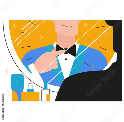 Illustration: a man stands in front of a mirror and straightens his tie.