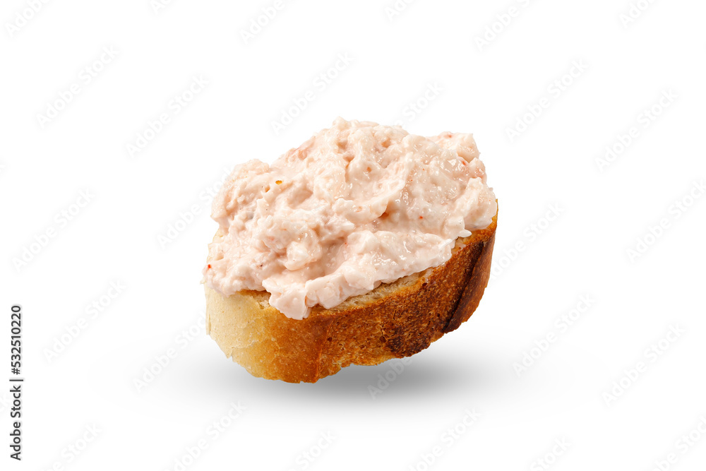 French seafood fish rillettes or pate on a toast, baguette. Sandwich with homemade pate, isolated on white background. Bread with rillettes. French seafood fish rillettes or pate on a toast, baguette. Sandwich with homemade pate, isolated on white background. Bread with rillettes.