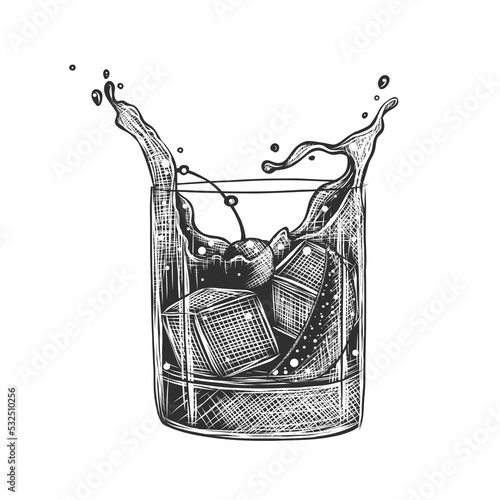 Vector engraved style Old Fashioned alcoholic cocktail illustration for posters, decoration, menu and print. Hand drawn sketch of drink or beverage. Detailed drawing isolated on white background.
