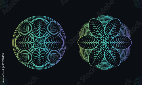 Leaf gradient mandala on Black background.  Mandala with floral patterns. Circular pattern in form of mandala for Henna, Mehndi, tattoo, decoration.