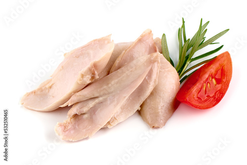 Boiled chicken meat isolated on white background.
