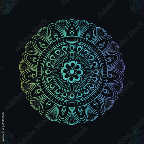 Digital gradient mandala on Black background. Mandala with floral patterns. Circular pattern in form of mandala for Henna, Mehndi, tattoo, decoration.