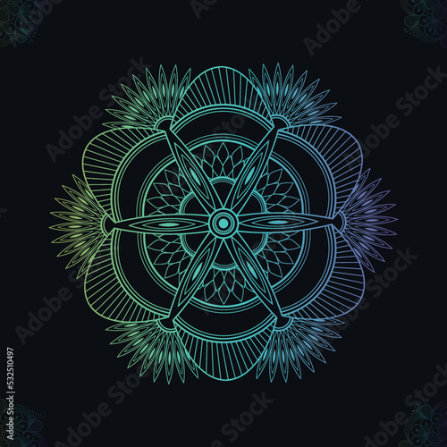 Digital gradient mandala on Black background.  Mandala with floral patterns. Circular pattern in form of mandala for Henna, Mehndi, tattoo, decoration.