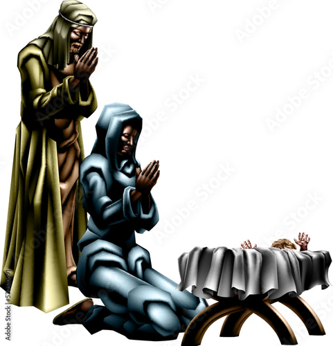 A Christmas Nativity Scene illustration with Mary, Joseph and baby Jesus.