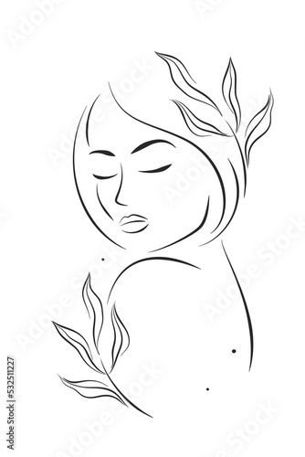 Silhouette of a beautiful woman, female face. Female face. Design element for beauty salon. Black and white vector illustration