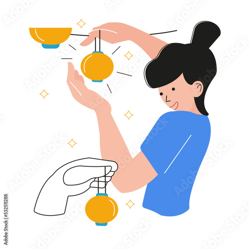 Illustration, a girl cheerfully hangs garlands and lanterns.