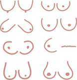 Different types of female breast hand drawing, set of breasts illustration flat style, multiple breast silhouettes