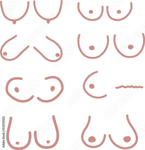 Different types of female breast hand drawing, set of breasts illustration flat style, multiple breast silhouettes photo
