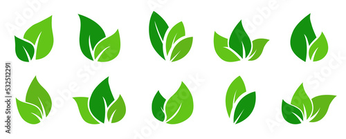 Green leaves vector set - Collection of flat leaf design on white background. Environmental friendly end ecology concept.