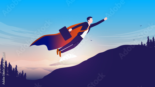 Business superman - Superhero man flying over landscape in corporate suit becoming the hero of the day to the rescue. Vector illustration