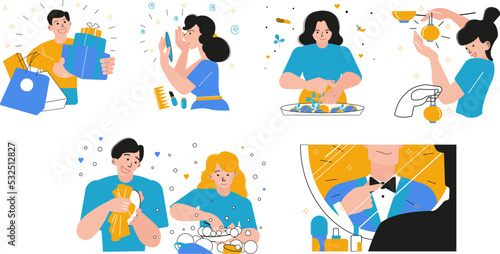 A set of 6 illustrations, people are preparing for the holiday.