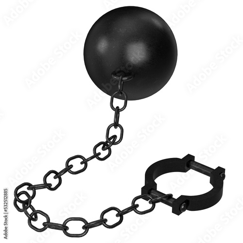 3d rendering illustration of a ball and chain with shackle