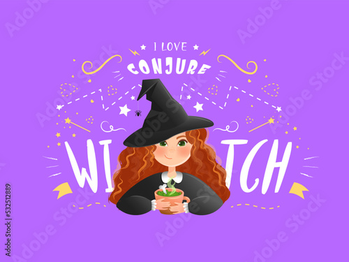 Witch in a black hat with a potion in her hands and red hair on a purple background