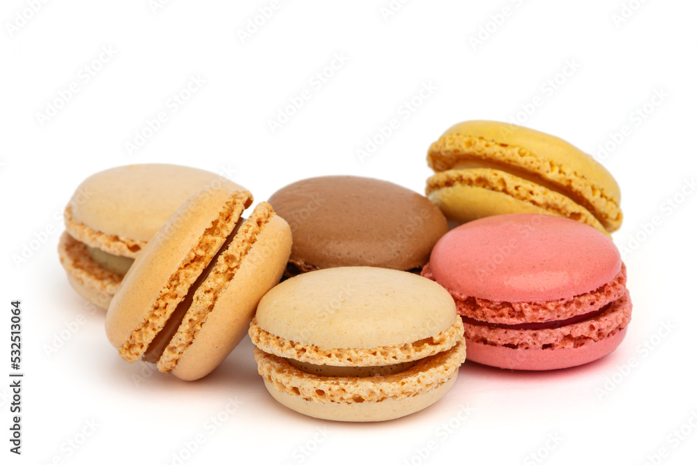 Set of sweet and colorful french macaroons isolated on white background Set of sweet and colorful french macaroons isolated on white background