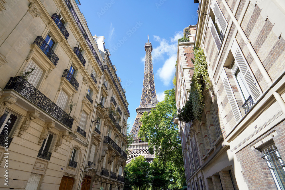 The Eiffel Tower view between palaces in Rue de l'Université street, 7th arrondissement, Paris, France - obrazy, fototapety, plakaty 