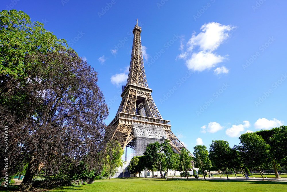 The Eiffel Tower view from the Champ de Mars, Paris, France - obrazy, fototapety, plakaty 
