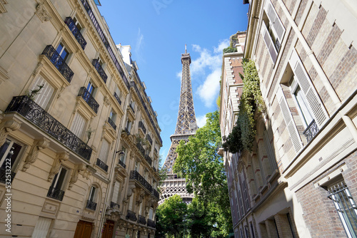 The Eiffel Tower view between palaces in Rue de l'Université street, 7th arrondissement, Paris, France © zigres
