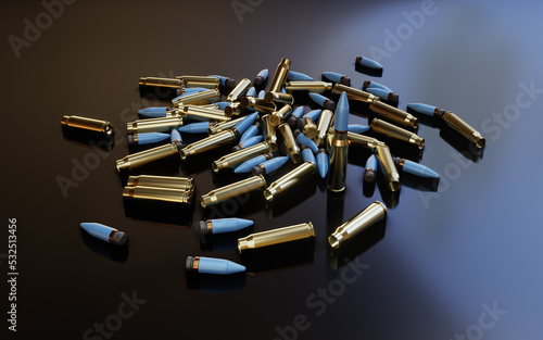 Machine Gun Ammunition Cartridges Lying On A Table. 3d Illustration.