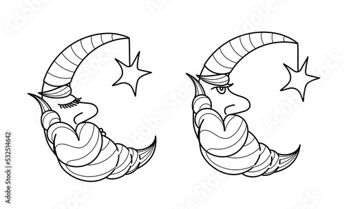 Character moon sleeping and looking. Moon with a face. Vector linear single color drawing.