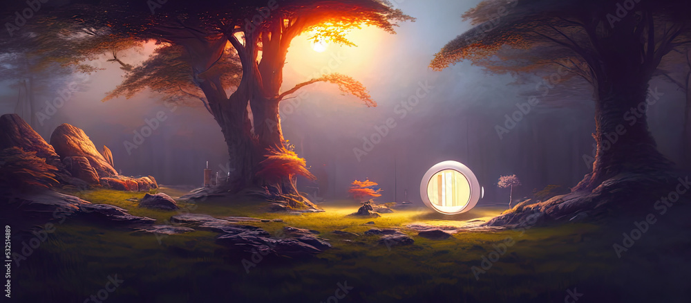 Fantasy tree house, abstract fantasy landscape, trees, grass, capsule house. 3D illustration