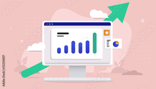Chart growth on computer screen - Desktop PC with diagram and green arrow pointing upwards showing increased result. Vector illustration.