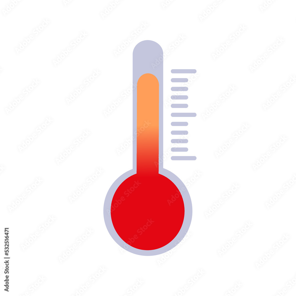 Vector icon of thermometer with high, hot temperature and scale on white background. Vector illustration
