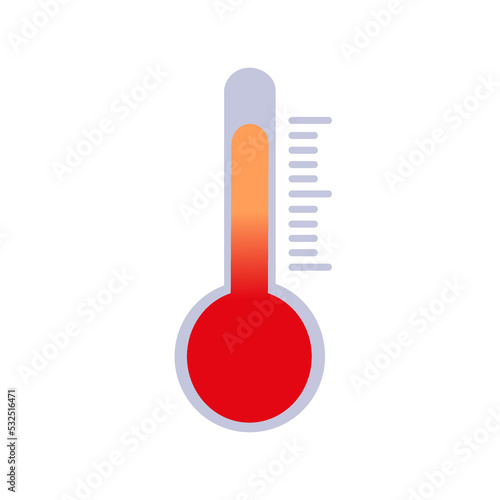 Vector icon of thermometer with high, hot temperature and scale on white background. Vector illustration