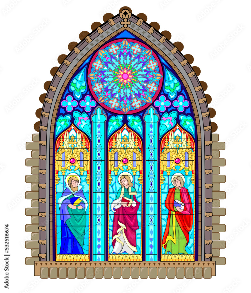 Beautiful colorful medieval stained glass window. Gothic architectural style. Holy scholars with