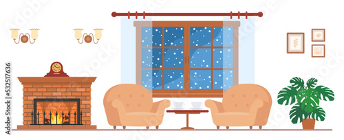 Fireplace, window and two cozy armchairs in interior. Home interior concept. Cartoon flat style. Vector illustration