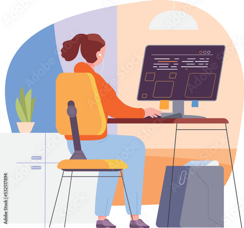 Female programmer working on computer. Freelancer workplace