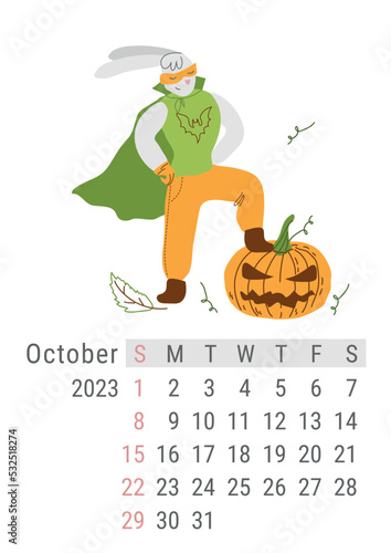 Calendar for October 2023 with hero hare who defeated Jack Pumpkin. The week starts on Sunday, wall calendar design, Desk calendar 2023, planner template