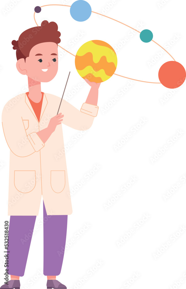 Kid studying astronomy planet. Boy scientist character Kid studying astronomy planet. Boy scientist character