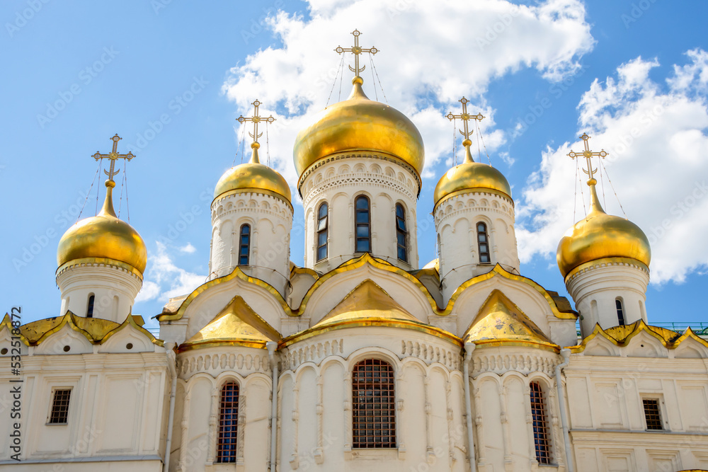 Domes of the Assumption Cathedral on the territory of the Moscow Kremlin, Moscow, Russia.