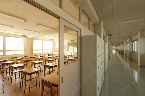 朝日が差し込む早朝の無人の教室と廊下 / スクールライフ・学園ロケーション・青春とノスタルジーのコンセプトイメージ / 3Dレンダリング photo