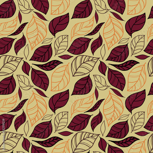 Autumn pattern from leaves. Autumn. October. November. Beige background. Seamless fabric pattern. Print. Printing house. Scrabbook.