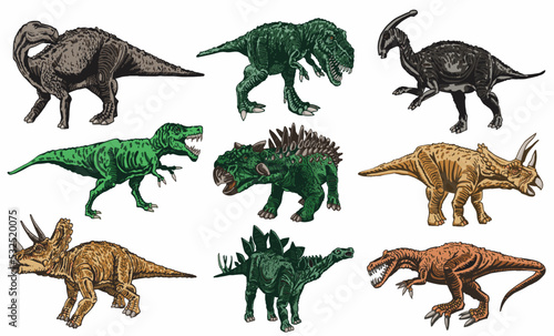 Fototapeta Naklejka Na Ścianę i Meble -  Vector set of color dinosaurs isolated on white background, dino collection