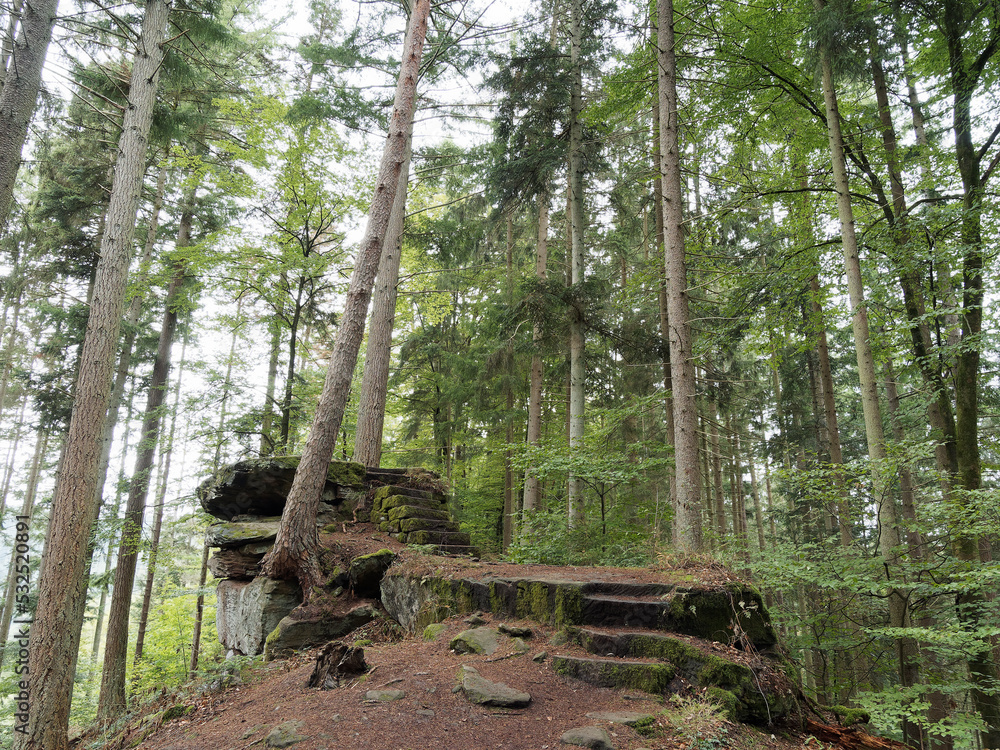 Burgruine Waldeck im Bergwald Neubulach. Die fehlende gebaude könnte in einem Turm gesehen werden, der separat auf einem Felsklotz stand Burgruine Waldeck im Bergwald Neubulach. Die fehlende gebaude könnte in einem Turm gesehen werden, der separat auf einem Felsklotz stand