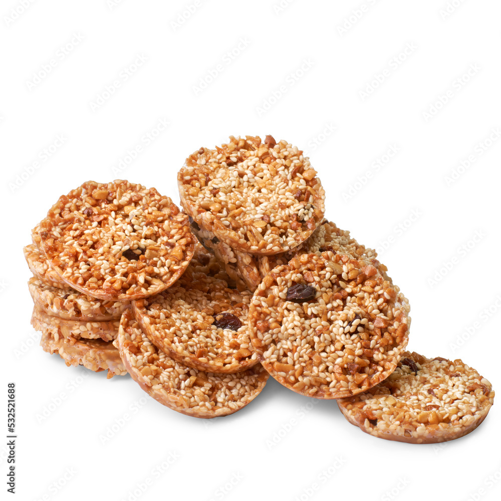 Food concept. stack of cookies with sesame seeds isolated on a white background