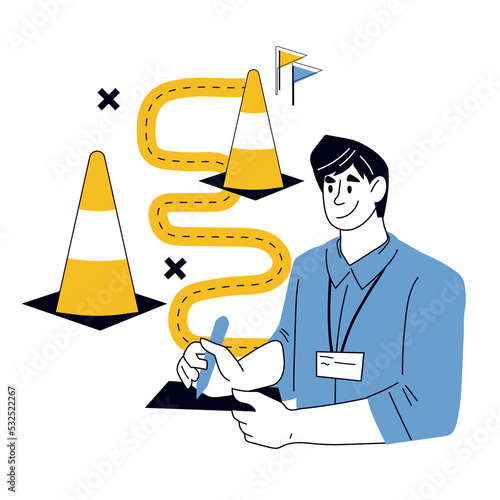Driving instructor conducts exam on driving license, flat vector illustration isolated on white background. New drivers school and learning for license concept.