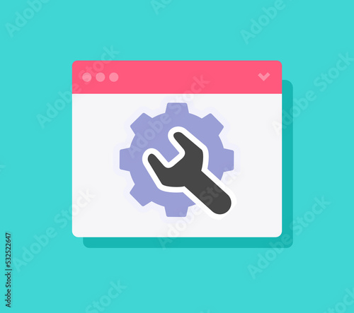 Setting up website config setup icon vector or web site configuration maintenance update graphic illustration, customize fix cogwheel or cm technical repair software, administration optimization image