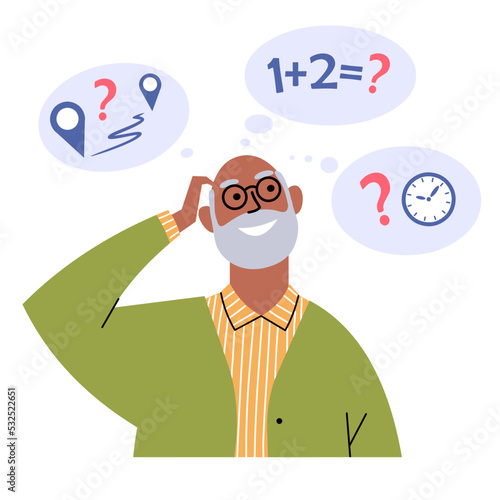 Confused elderly man with Alzheimer's disease. Grandfather loses his memory, gets confused in time, has problems with counting. Symptoms of dementia. Flat vector isolated on white background.