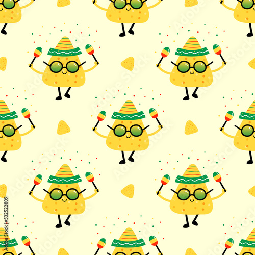 Nacho chips, tortilla chips characters wearing sunglasses and sombrero, dancing with maracas vector seamless pattern background for celebration and party design.
