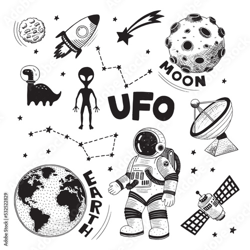Set of space sketches. Hand drawn vector illustration.